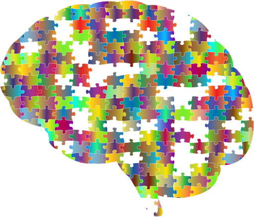 Image of the brain made out of rainbow puzzle pieces.